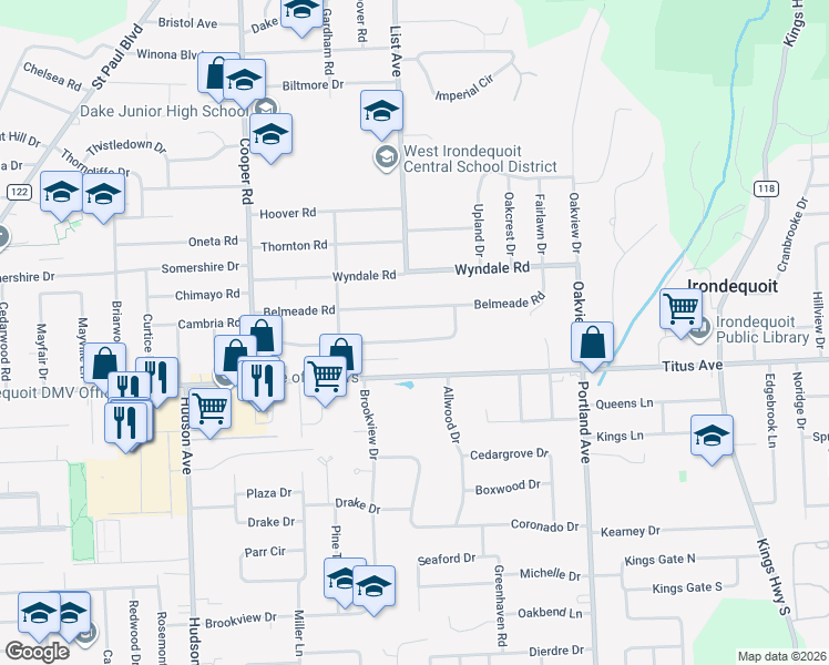 map of restaurants, bars, coffee shops, grocery stores, and more near 222 Hedgegarth Dr in Rochester