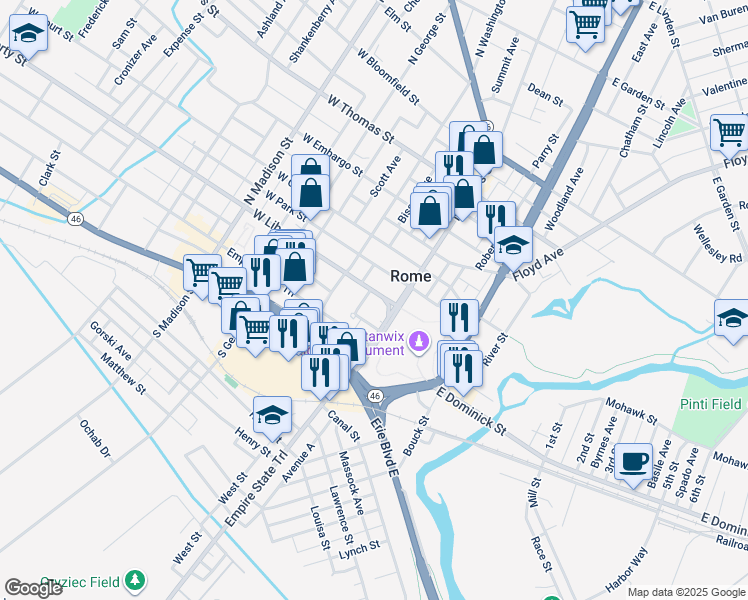 map of restaurants, bars, coffee shops, grocery stores, and more near 107 West Liberty Street in Rome