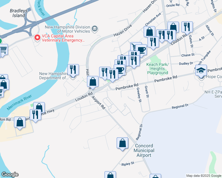 map of restaurants, bars, coffee shops, grocery stores, and more near 21 Pembroke Road in Concord