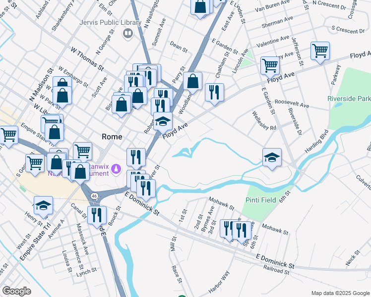 map of restaurants, bars, coffee shops, grocery stores, and more near 148-198 River Street in Rome