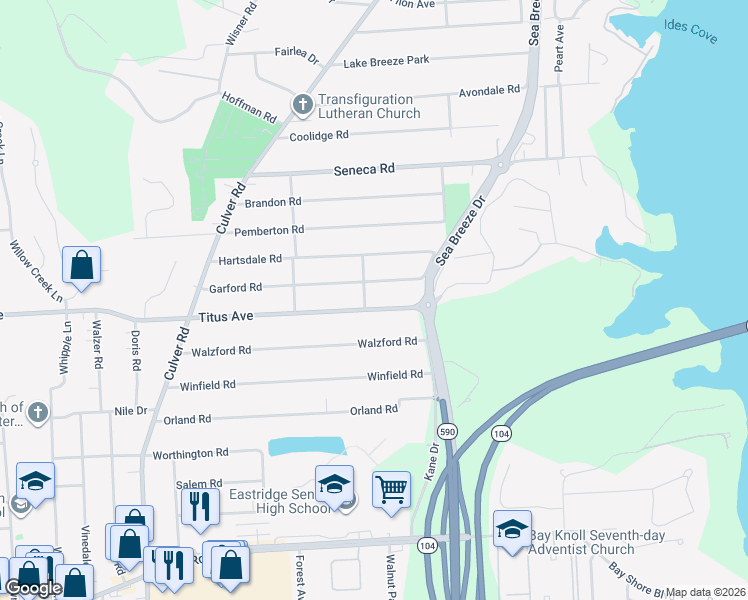 map of restaurants, bars, coffee shops, grocery stores, and more near 2360 County Road 91 in Irondequoit