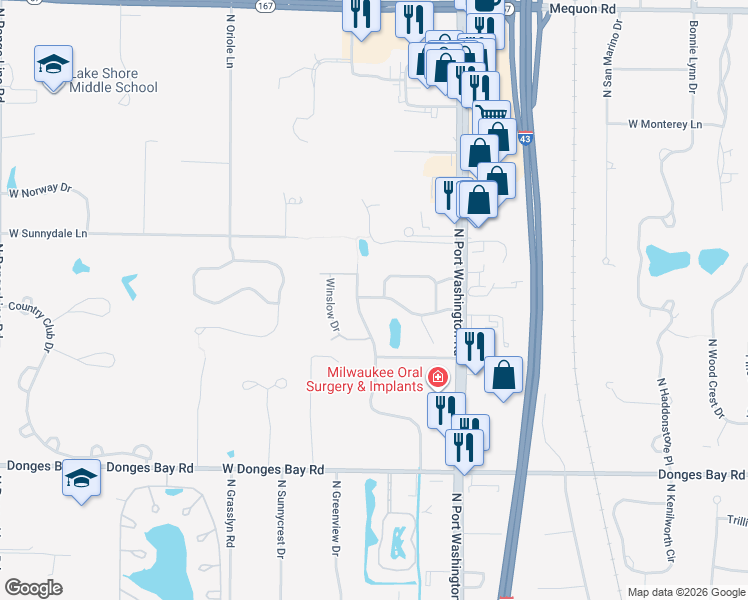 map of restaurants, bars, coffee shops, grocery stores, and more near 10634 North Magnolia Drive in Mequon