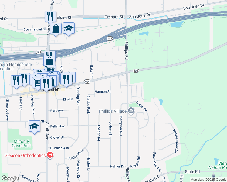 map of restaurants, bars, coffee shops, grocery stores, and more near 110 Judson St in Webster