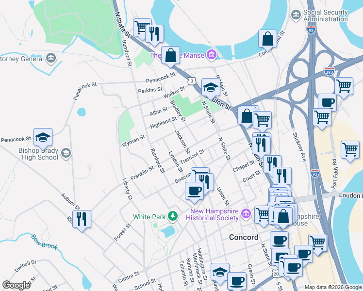 map of restaurants, bars, coffee shops, grocery stores, and more near 37 Jackson Street in Concord