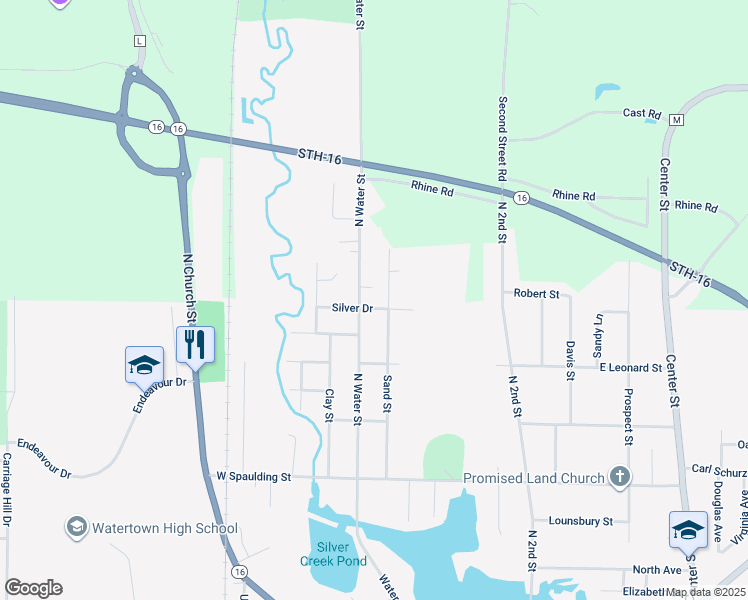 map of restaurants, bars, coffee shops, grocery stores, and more near 124 Silver Drive in Watertown