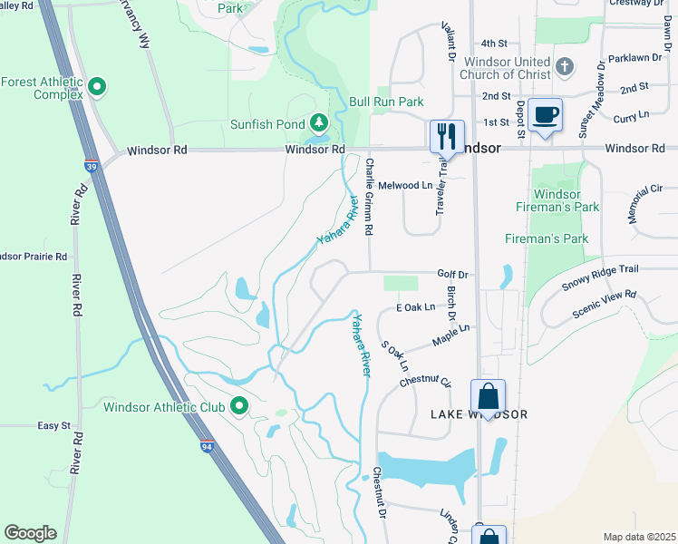 map of restaurants, bars, coffee shops, grocery stores, and more near 4572 Golf Drive in Windsor
