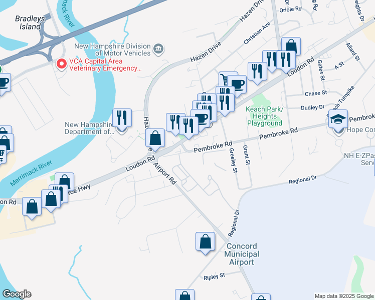 map of restaurants, bars, coffee shops, grocery stores, and more near 21 Pembroke Road in Concord