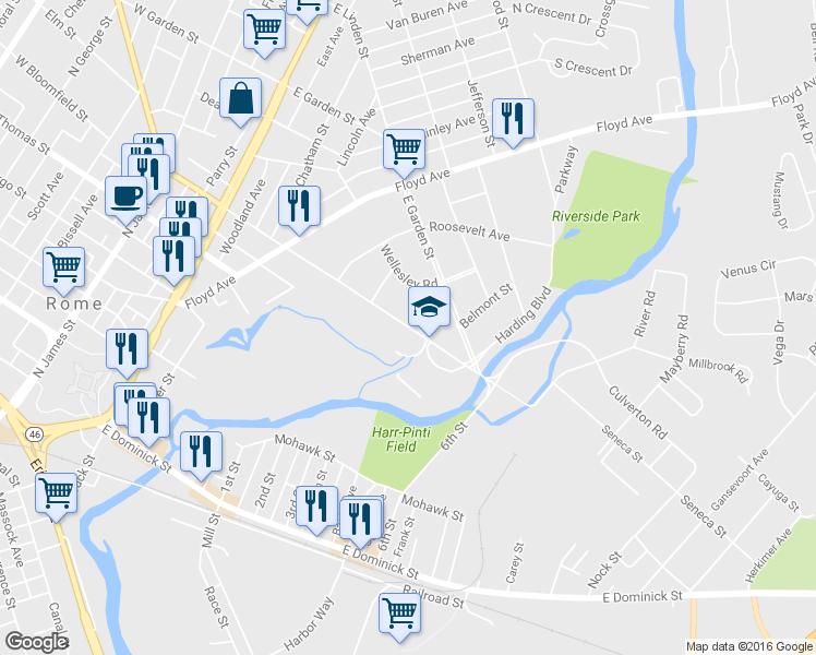 map of restaurants, bars, coffee shops, grocery stores, and more near 600 East Bloomfield Street in Rome