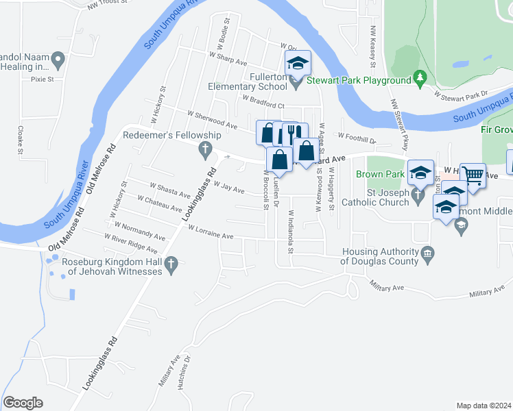 map of restaurants, bars, coffee shops, grocery stores, and more near 2746 West Langenberg Avenue in Roseburg