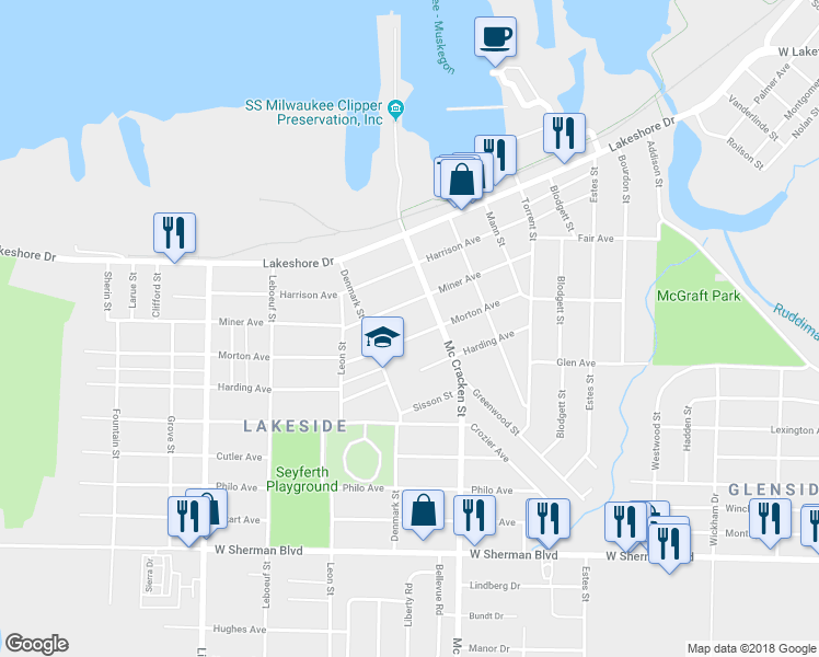 map of restaurants, bars, coffee shops, grocery stores, and more near 2084 Morton Avenue in Muskegon