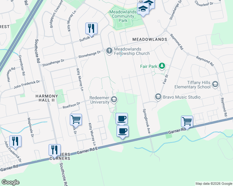 map of restaurants, bars, coffee shops, grocery stores, and more near Augustine Lane in Hamilton