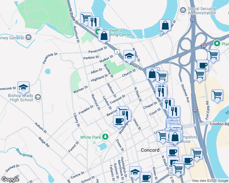 map of restaurants, bars, coffee shops, grocery stores, and more near 37 Jackson Street in Concord