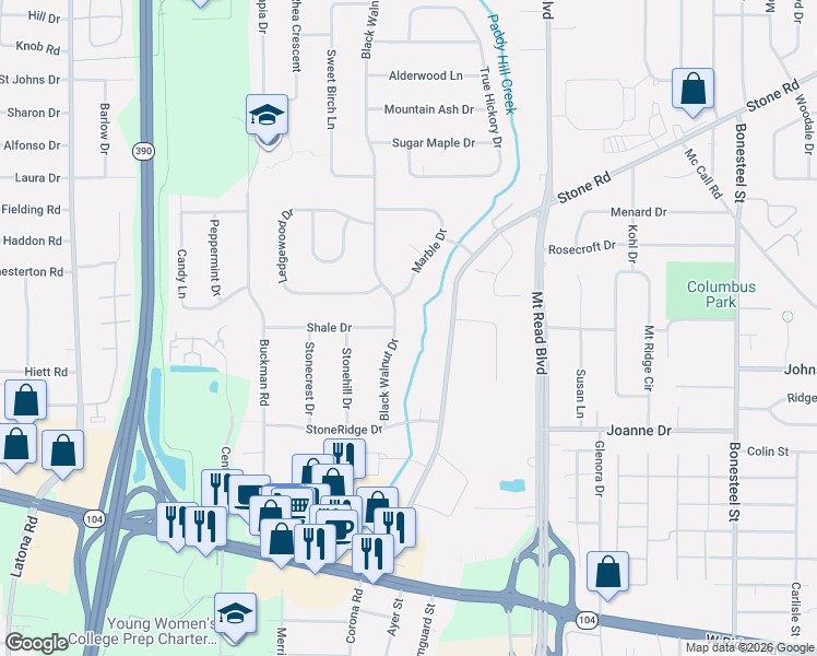 map of restaurants, bars, coffee shops, grocery stores, and more near 512 Black Walnut Drive in Rochester