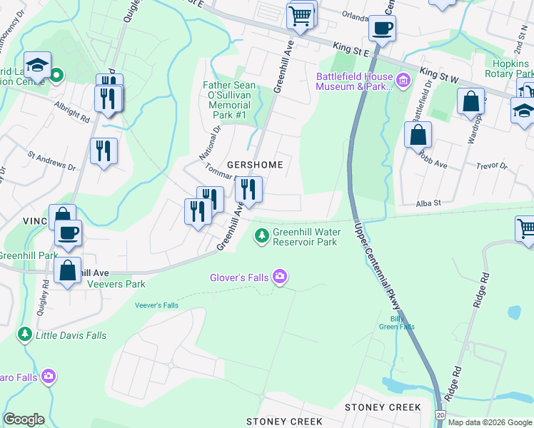 map of restaurants, bars, coffee shops, grocery stores, and more near 315 Webster Road in Hamilton