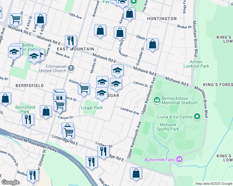 map of restaurants, bars, coffee shops, grocery stores, and more near 258 Carson Drive in Hamilton