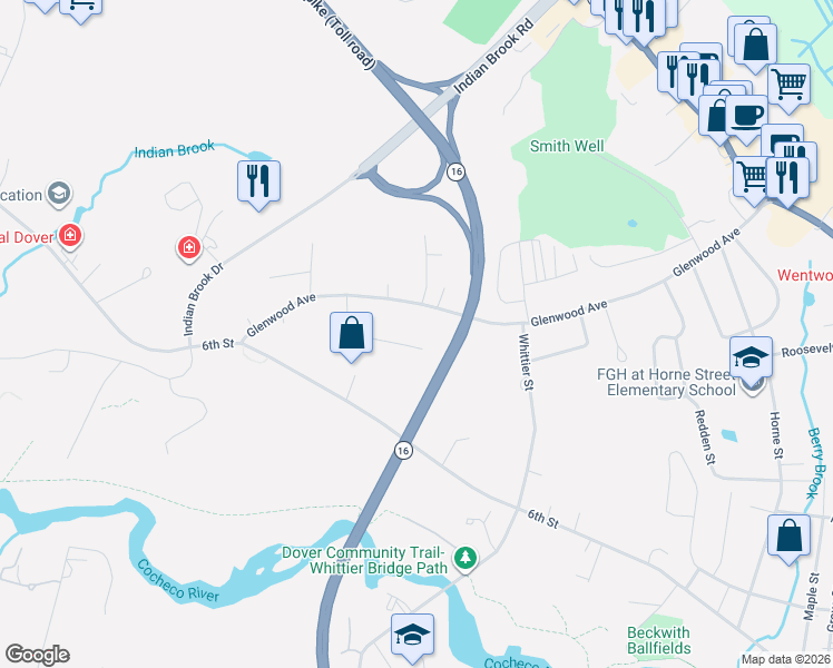 map of restaurants, bars, coffee shops, grocery stores, and more near 40 Conifer Commons in Dover