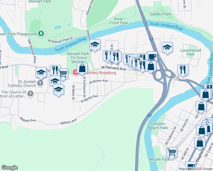 map of restaurants, bars, coffee shops, grocery stores, and more near 727 West Ballf Street in Roseburg