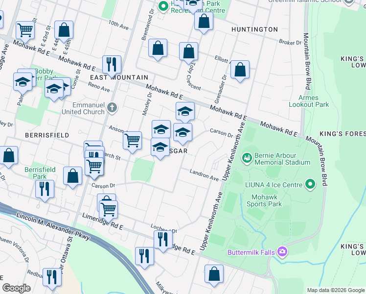 map of restaurants, bars, coffee shops, grocery stores, and more near 255 Carson Drive in Hamilton