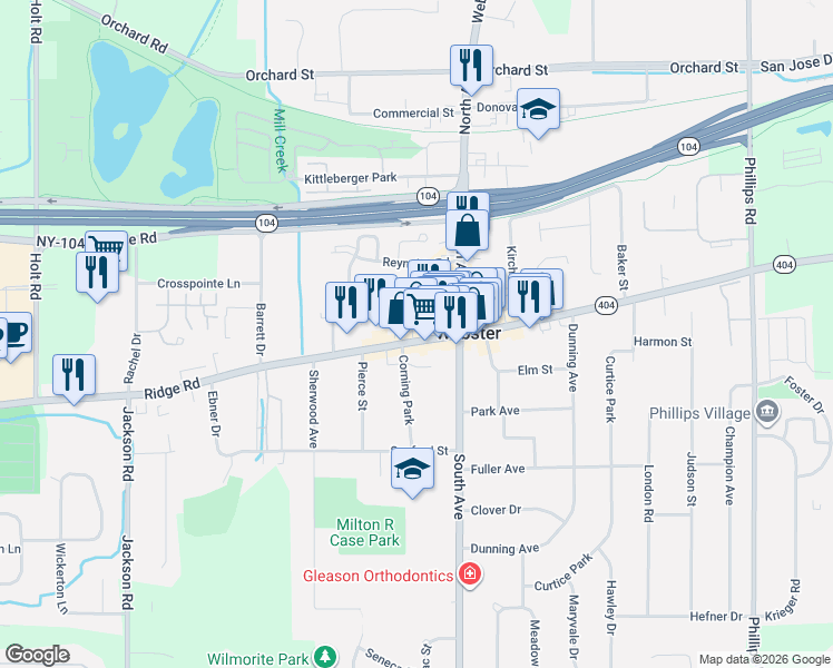 map of restaurants, bars, coffee shops, grocery stores, and more near 39 West Main Street in Webster