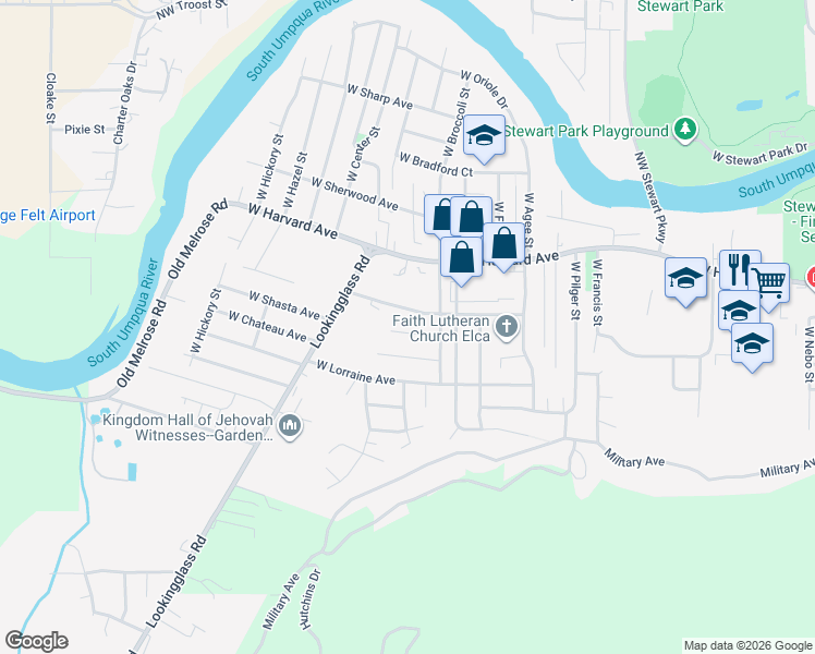 map of restaurants, bars, coffee shops, grocery stores, and more near 2828 West Langenberg Avenue in Roseburg