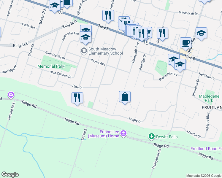 map of restaurants, bars, coffee shops, grocery stores, and more near 23 Hilts Drive in Hamilton