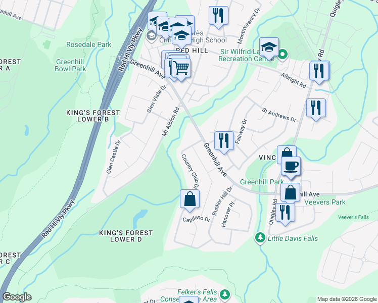 map of restaurants, bars, coffee shops, grocery stores, and more near 31 Country Club Drive in Hamilton