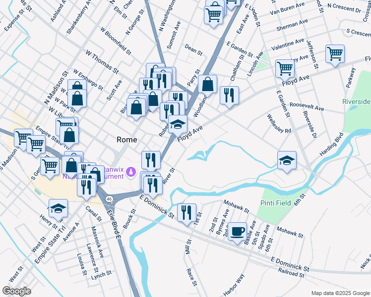 map of restaurants, bars, coffee shops, grocery stores, and more near 198 River Street in Rome