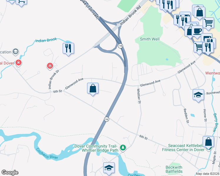 map of restaurants, bars, coffee shops, grocery stores, and more near 40 Conifer Commons in Dover