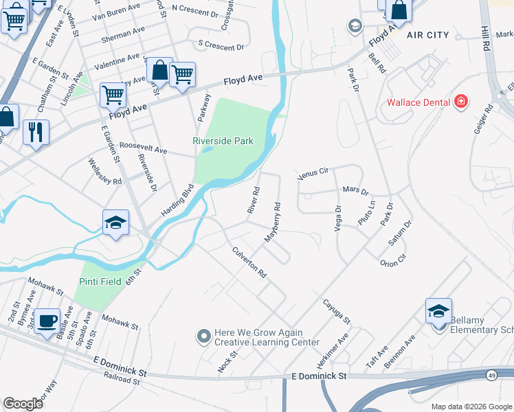 map of restaurants, bars, coffee shops, grocery stores, and more near 517-19 River Road in Rome