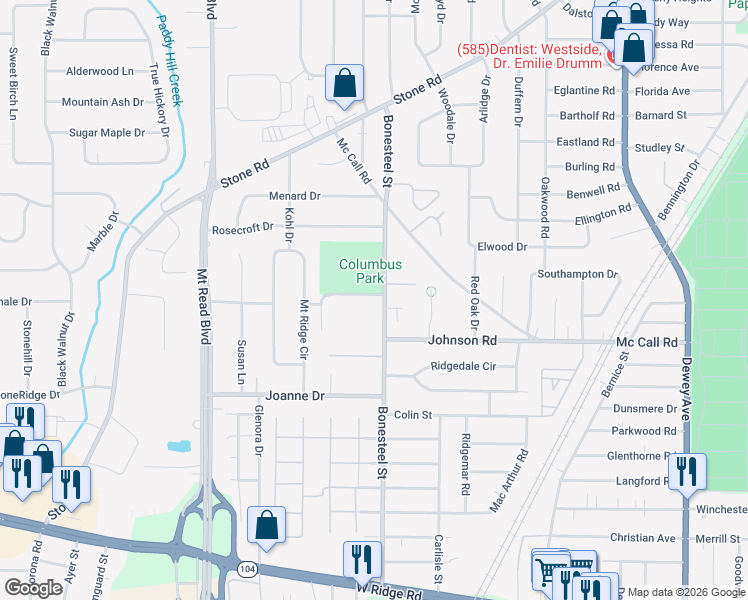 map of restaurants, bars, coffee shops, grocery stores, and more near 431 Bonesteel Street in Rochester