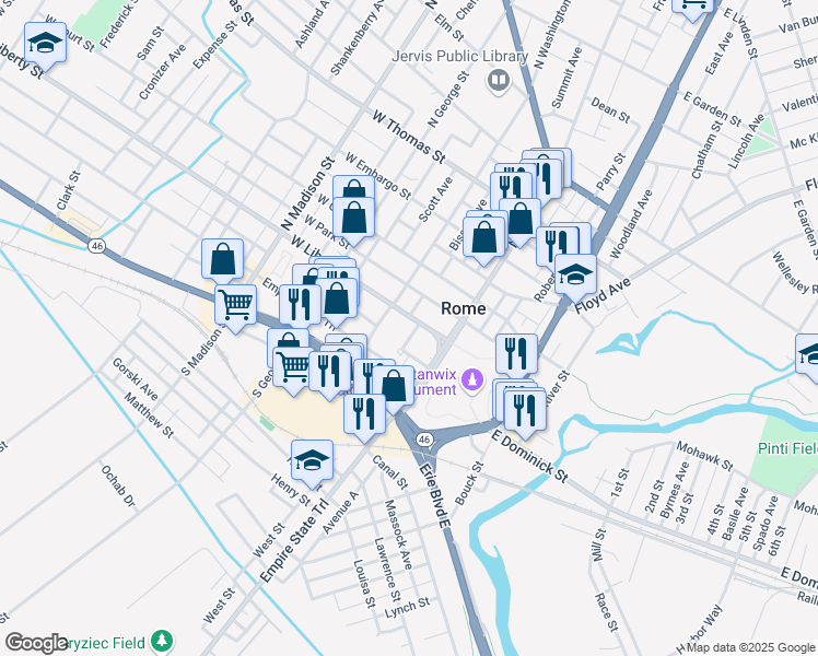 map of restaurants, bars, coffee shops, grocery stores, and more near 117 West Liberty Street in Rome