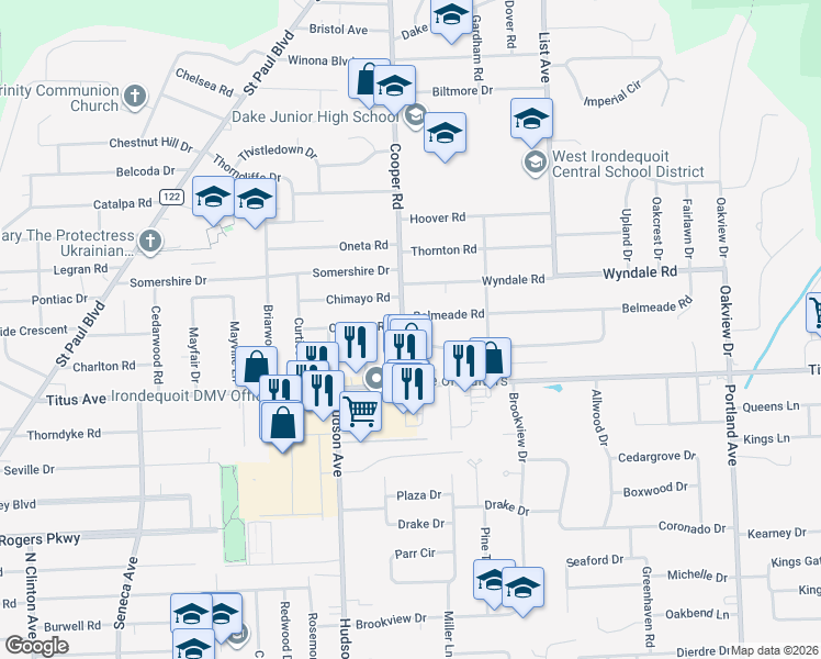 map of restaurants, bars, coffee shops, grocery stores, and more near 60 Cooper Road in Rochester