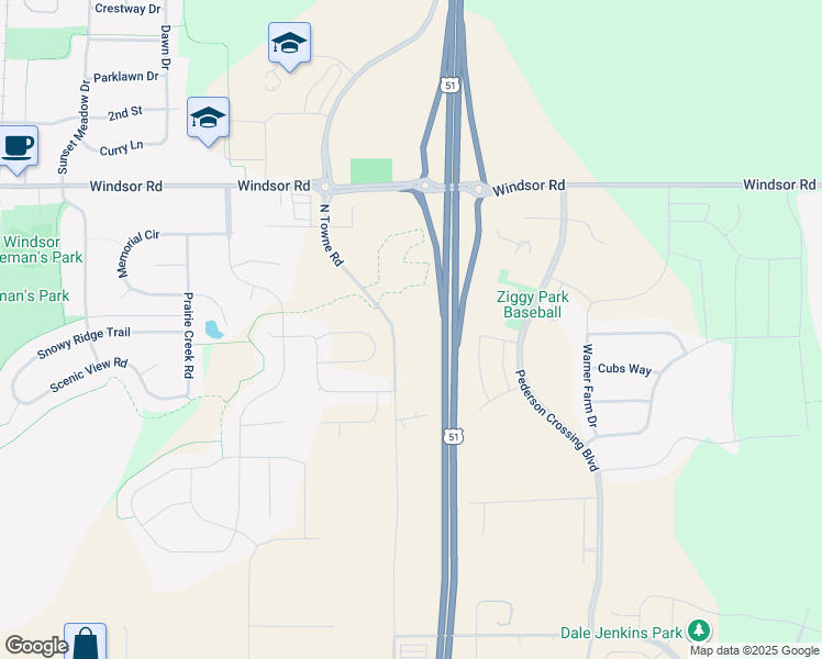 map of restaurants, bars, coffee shops, grocery stores, and more near 6660 North Towne Road in Windsor