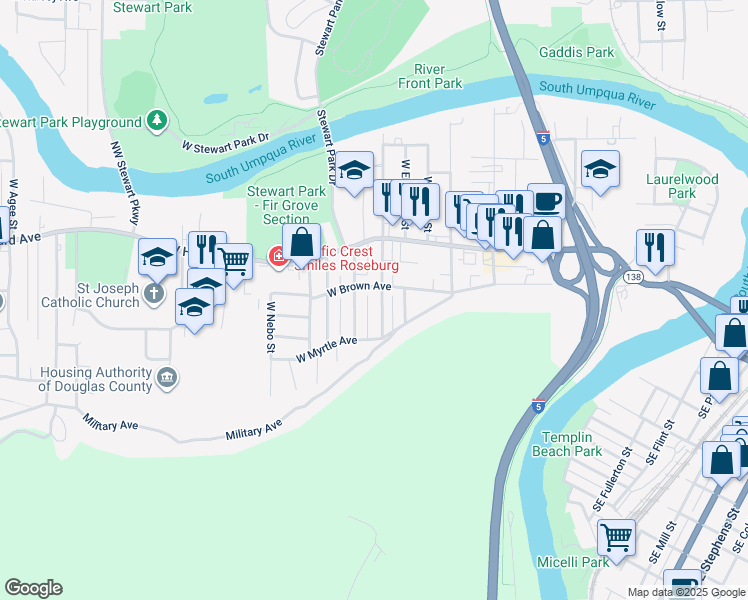 map of restaurants, bars, coffee shops, grocery stores, and more near 728 West Ballf Street in Roseburg