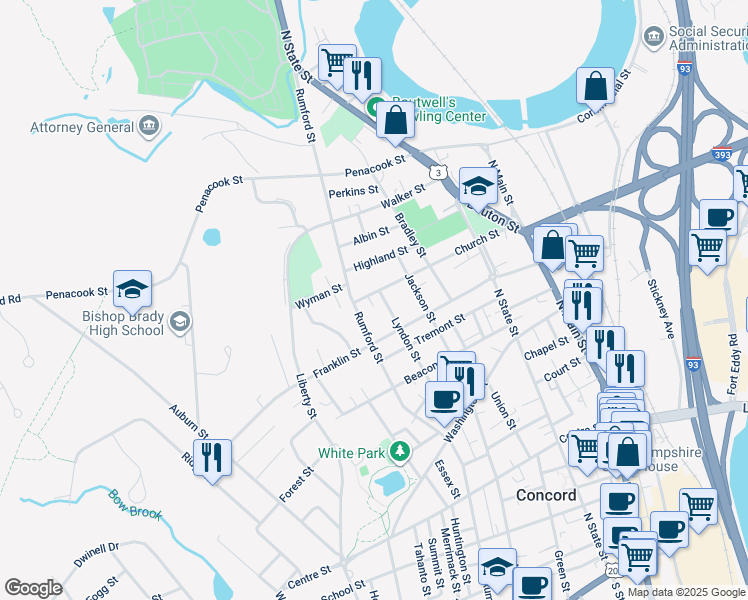 map of restaurants, bars, coffee shops, grocery stores, and more near 49 Lyndon Street in Concord