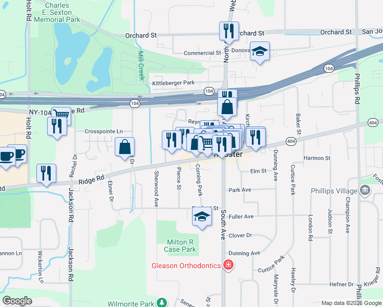 map of restaurants, bars, coffee shops, grocery stores, and more near 65 West Main Street in Webster