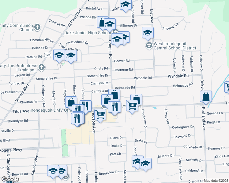 map of restaurants, bars, coffee shops, grocery stores, and more near 60 Cooper Road in Rochester