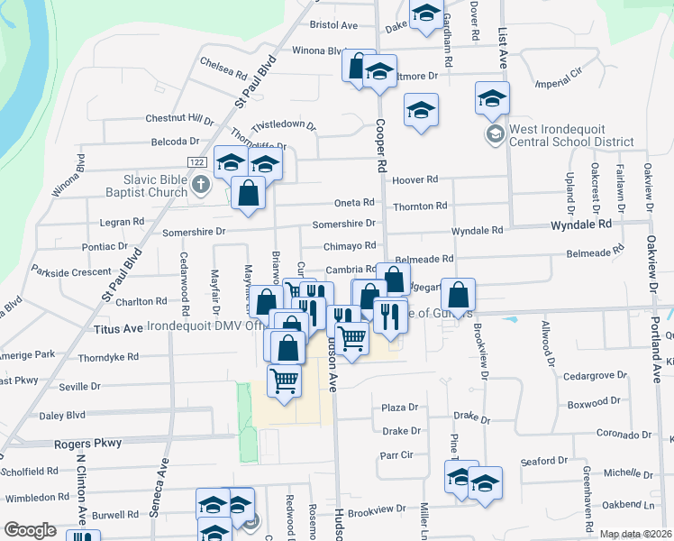 map of restaurants, bars, coffee shops, grocery stores, and more near 43 Cambria Road in Rochester
