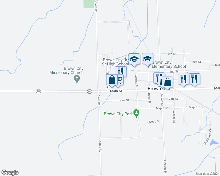 map of restaurants, bars, coffee shops, grocery stores, and more near 4448 Main Street in Brown City