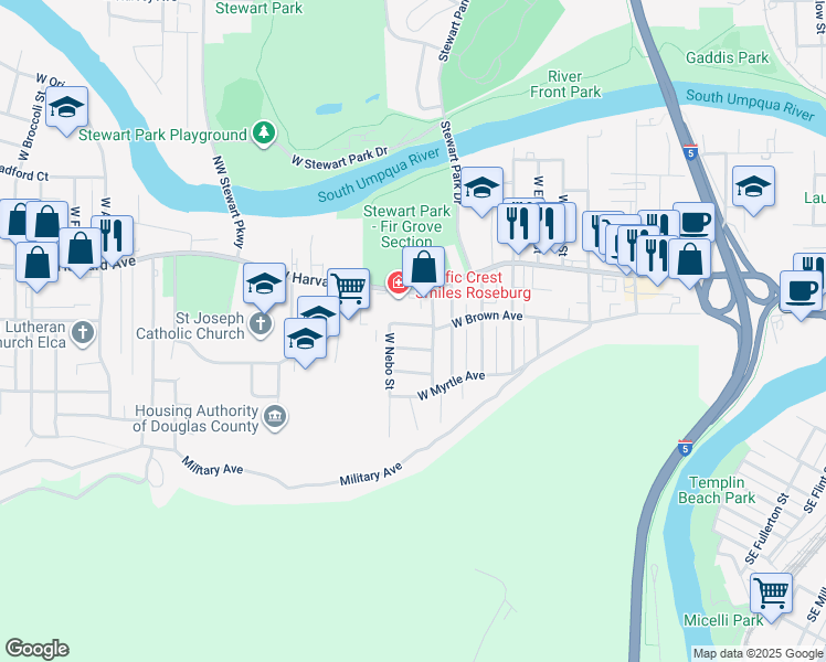 map of restaurants, bars, coffee shops, grocery stores, and more near 1647 West Brown Avenue in Roseburg