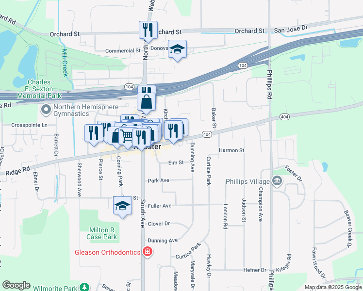 map of restaurants, bars, coffee shops, grocery stores, and more near 81 East Main Street in Webster