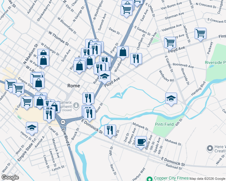 map of restaurants, bars, coffee shops, grocery stores, and more near 205 Saint Peters Avenue in Rome