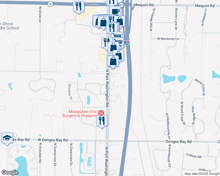 map of restaurants, bars, coffee shops, grocery stores, and more near 1201 Pippin Court in Mequon