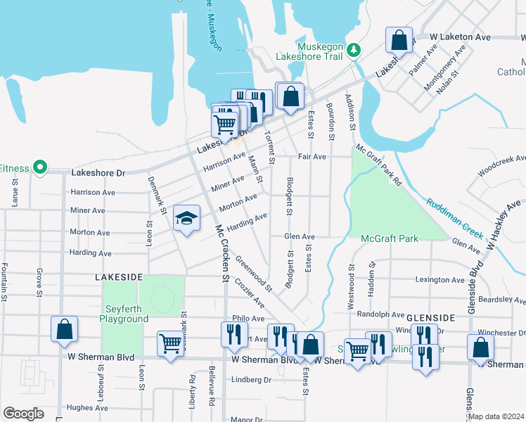 map of restaurants, bars, coffee shops, grocery stores, and more near 1908 Harding Avenue in Muskegon