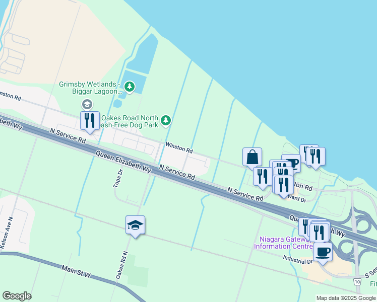 map of restaurants, bars, coffee shops, grocery stores, and more near Winston Road in Grimsby