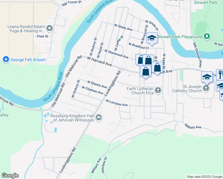 map of restaurants, bars, coffee shops, grocery stores, and more near 829 Lookingglass Road in Roseburg