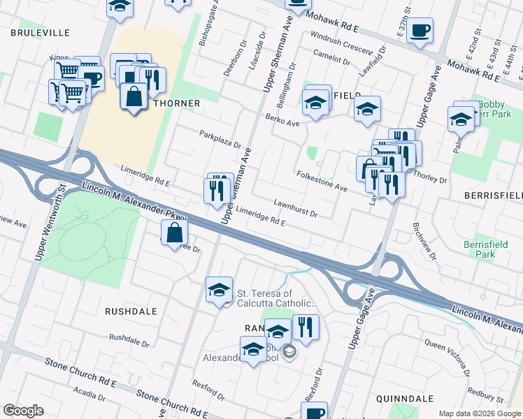 map of restaurants, bars, coffee shops, grocery stores, and more near 705 Limeridge Road East in Hamilton