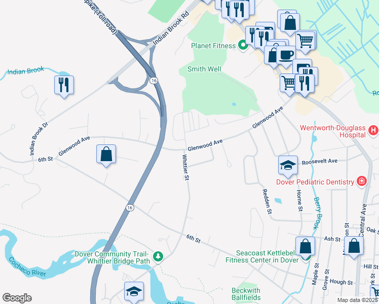 map of restaurants, bars, coffee shops, grocery stores, and more near 58 Glenwood Avenue in Dover