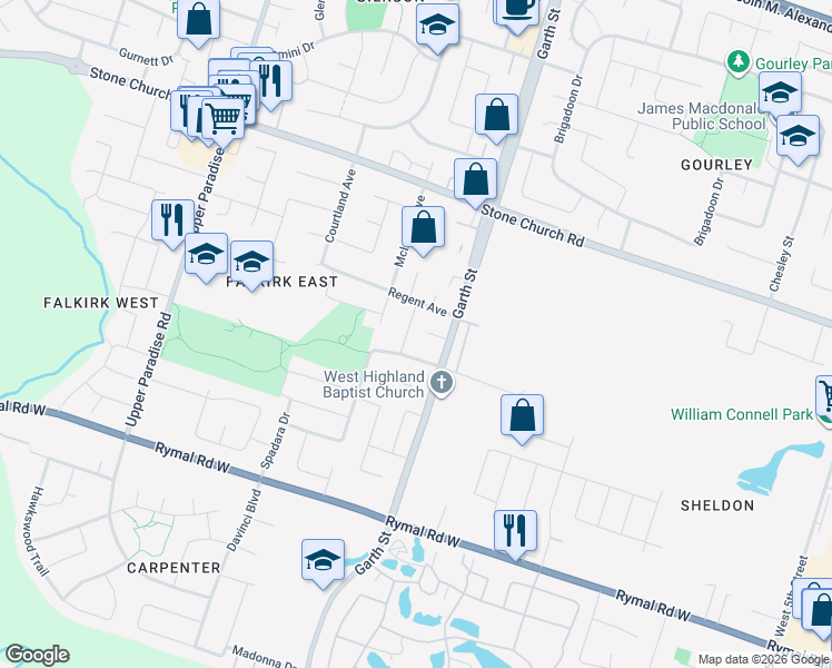 map of restaurants, bars, coffee shops, grocery stores, and more near 19 Roland Road in Hamilton