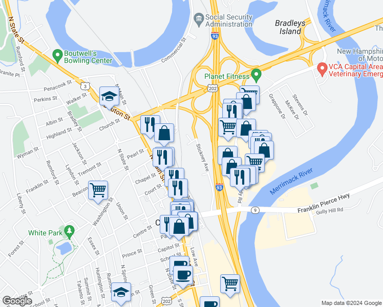 map of restaurants, bars, coffee shops, grocery stores, and more near 29 Stickney Avenue in Concord